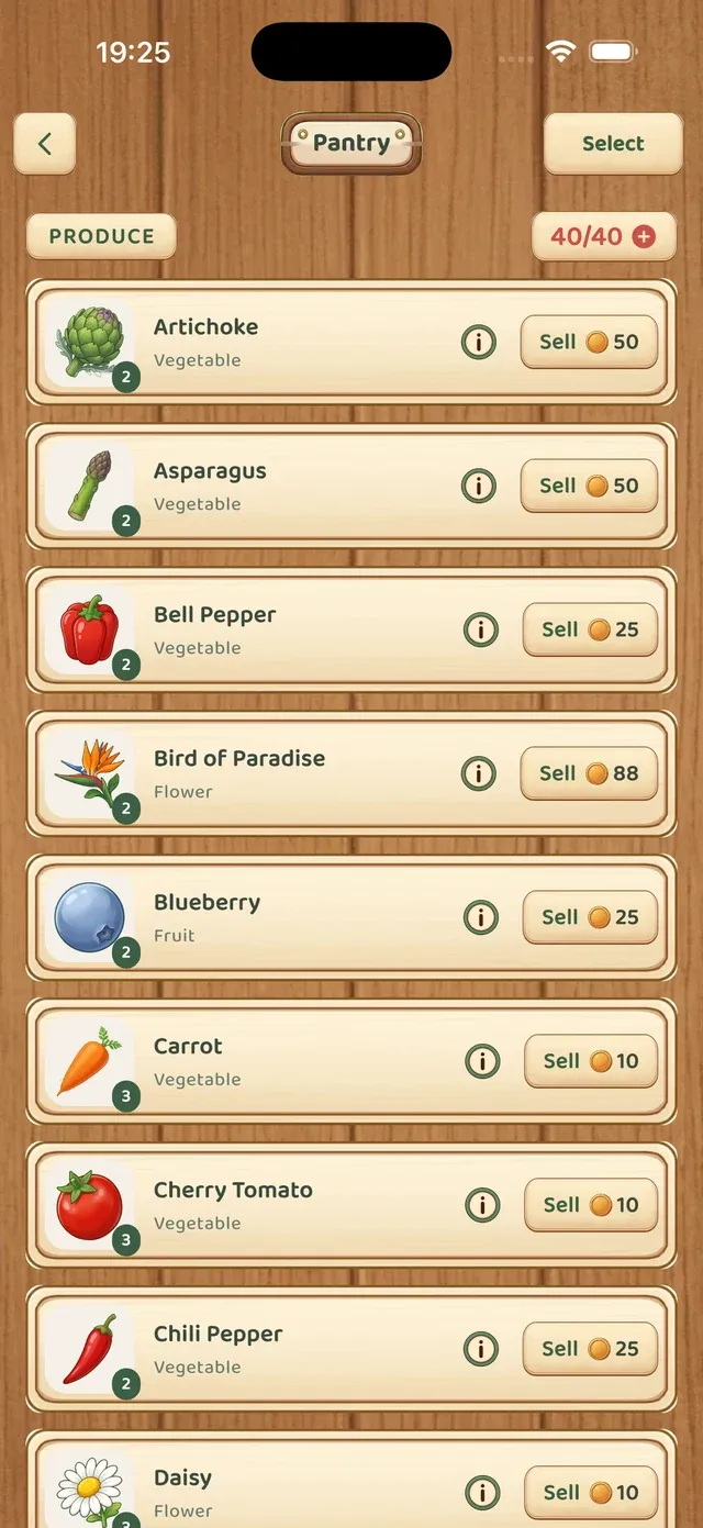 Harvest and sell — The harvest goes to your pantry, and a seed comes back.